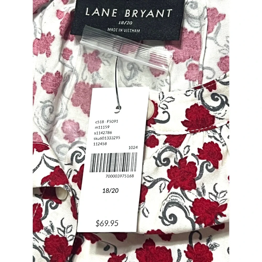 Lane Bryant Red Floral Button Down Blouse‎ 18/20 Rayon Plus Size Top 3/4 sleeve - Picture 5 of 5